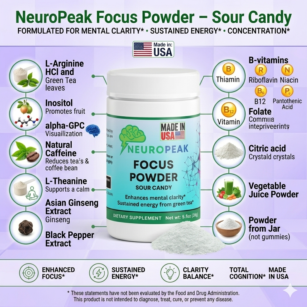 NeuroPeak Focus Powder – Sour Candy Nootropic Drink Mix for Mental Clarity, Clean Energy & Daily Focus